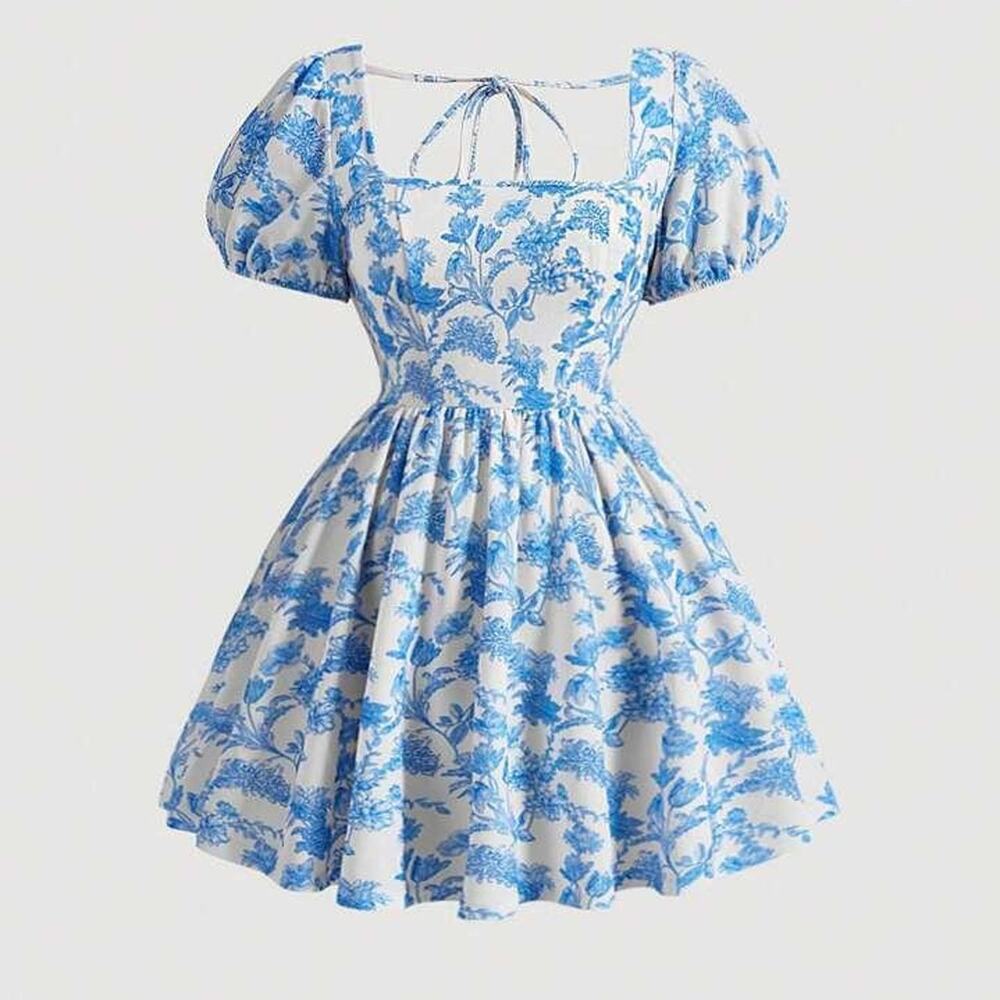 Blue Floral Puff Sleeve‎ Cottagecore Mini Dress
